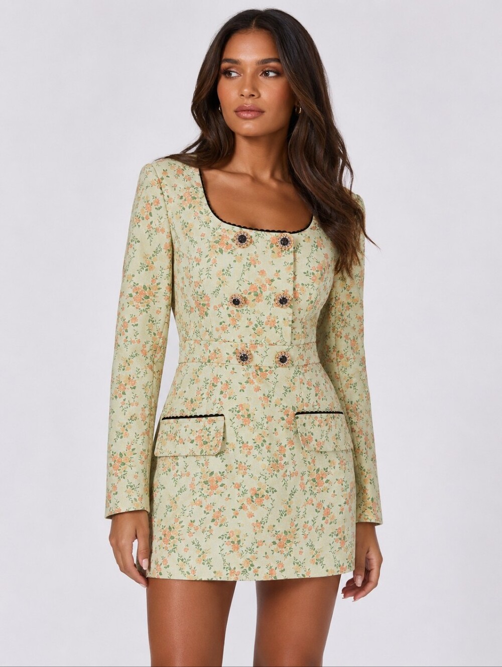 Sister Jane Button Front Mini Dress Vintage Floral Brocade Print Size S